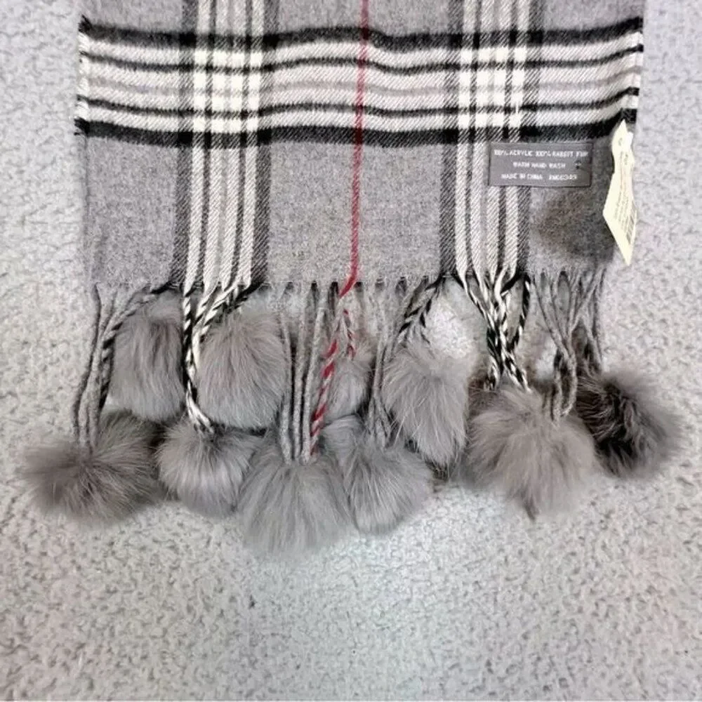 WOMENS SCARF GRAY WITH STRIPES RABBIT FUR BALL TASSELS